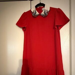 RED VALENTINO Red Dress with Bird Embroidered Collar - 38